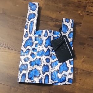 Alexander McQueen Blue and White Snakeskin Tote with Black Card Holder